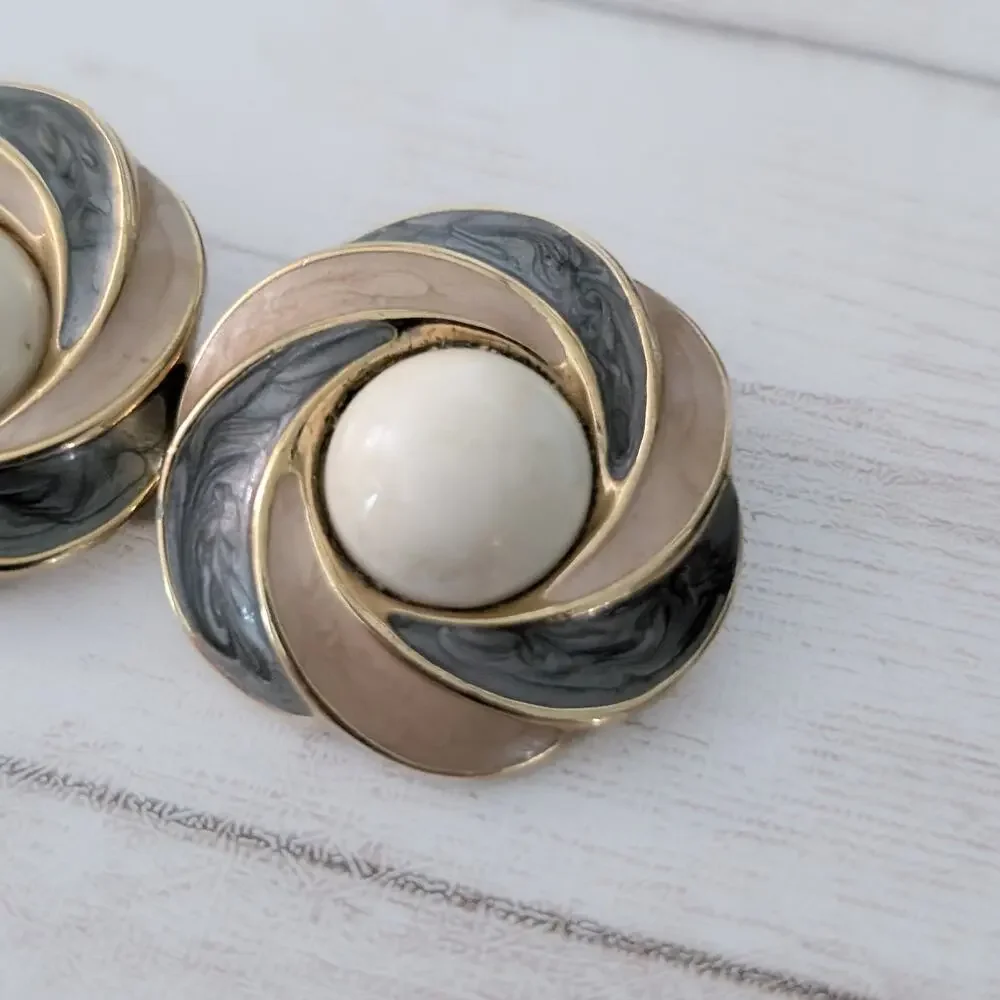 Vintage Trifari Clip On Earrings Large Statement Grey & Beige